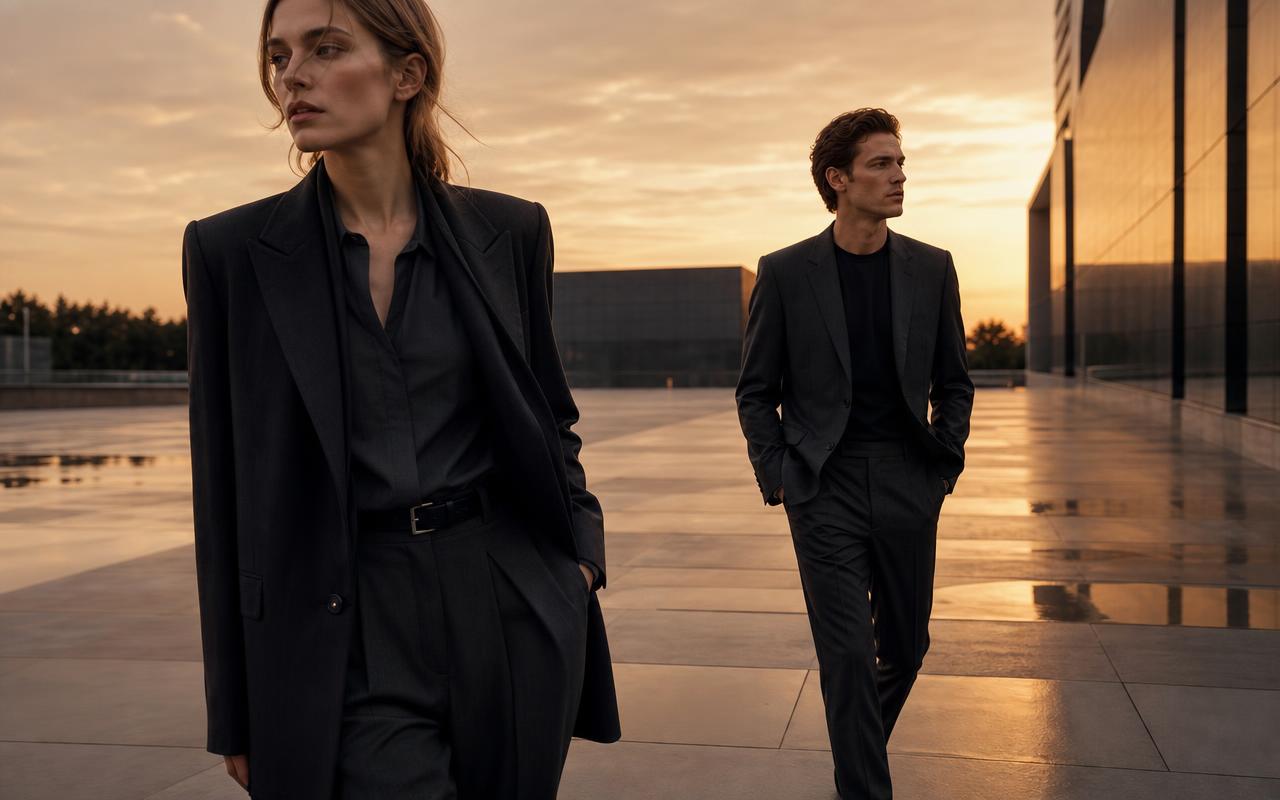 Campagne moderne — duo en tailoring dans un espace urbain au crépuscule