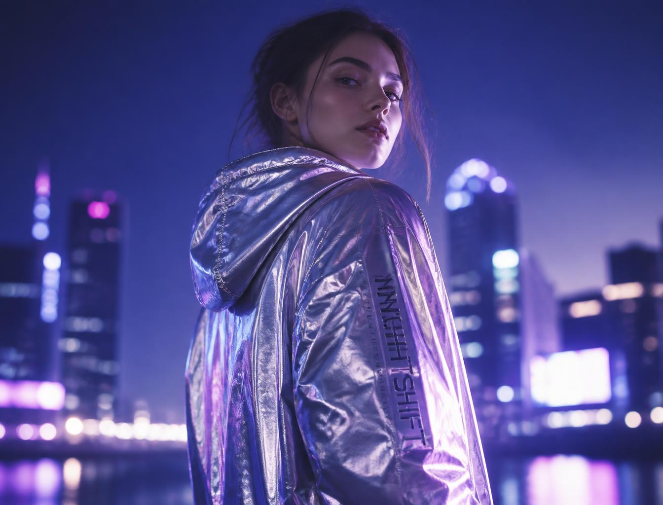 Éditorial de nuit — veste irisée sous les lumières de la ville