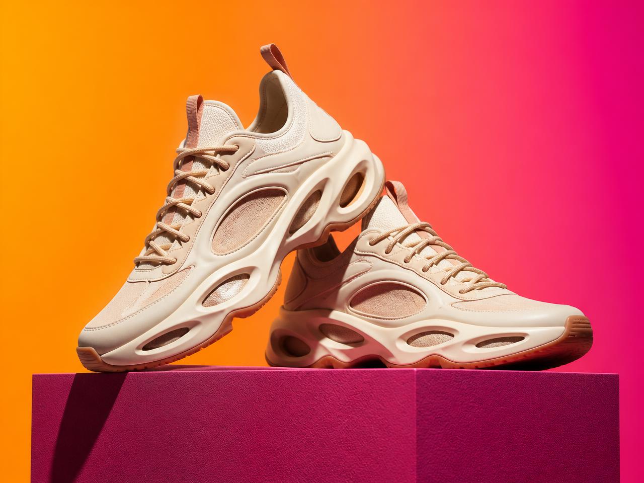 Sneakers sculpturales sur socle magenta
